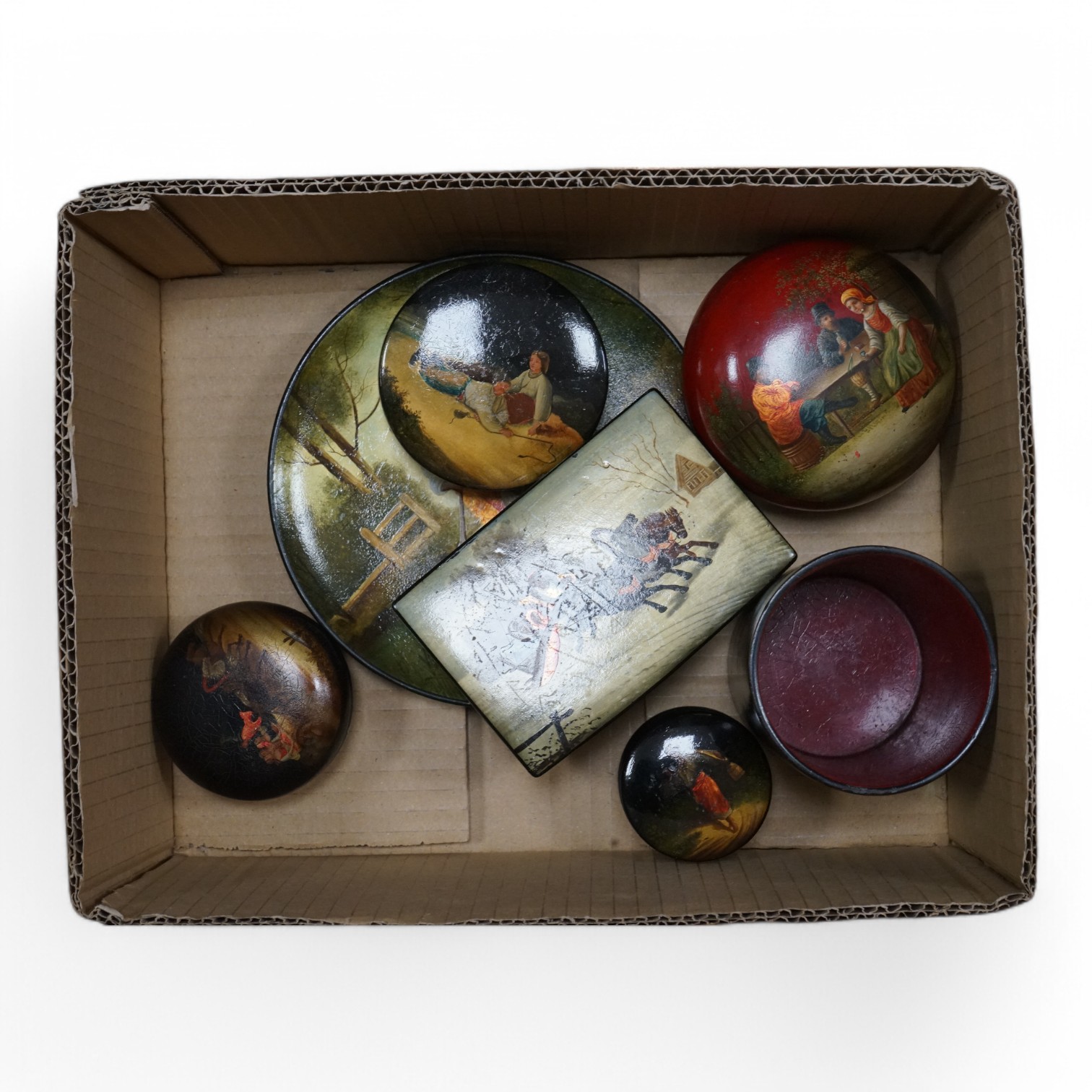 A quantity of late 19th / early 20th century Russian lacquer boxes, a dish and small vase. Condition - appears good